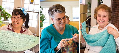 3 photos of women knitting, showing their work.