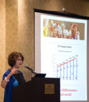 Maureen at podium, explaining a slide.